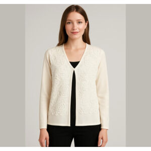 Vintage Designers Originals cardigan with front floral appliqué cream Sz M-L